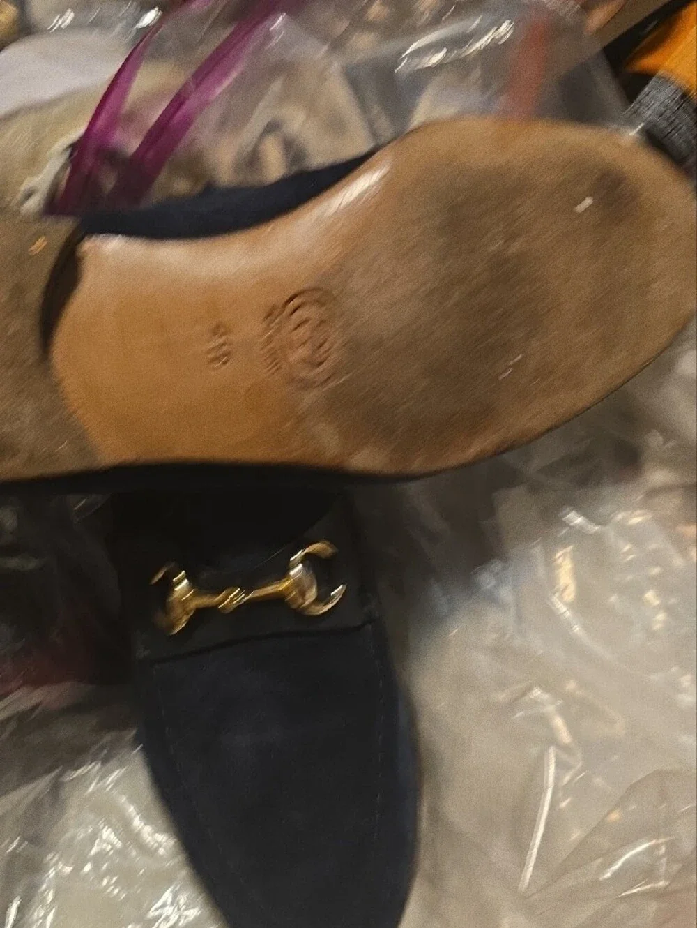 Gucci Navy Blue Suede Loafers with Brown Leather Insole